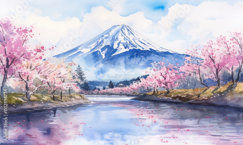 Watercolor Fuji mountain and Pink Sakura Trees along Uruigawa River in Spring, Fujinomiya, Shizuoka, Japan photo