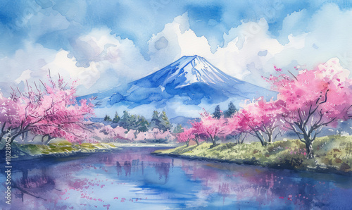 Watercolor Fuji mountain and Pink Sakura Trees along Uruigawa River in Spring, Fujinomiya, Shizuoka, Japan photo