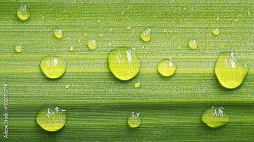 Fresh Raindrops on Lush Green Leaf, showcasing nature's vitality, ideal for environmental themes, highlighting the beauty and essence of the natural world.
