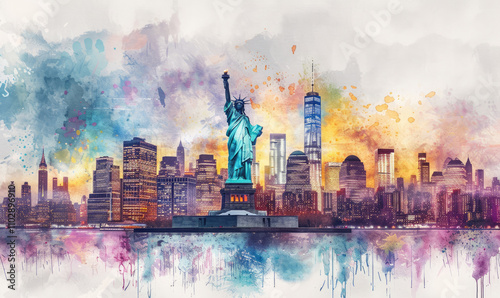 Watercolor The Statue of Liberty over the Scene of New york cityscape river side which location is lower manhattan,Architecture and building with tourist concept