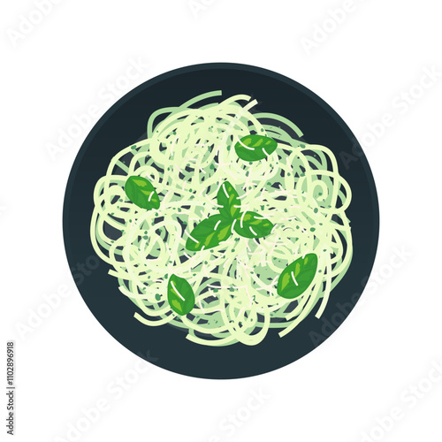 spaghetti pasta with  pesto sauce and basil on plate top view vector illustration