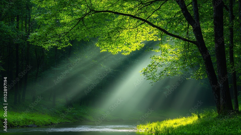 Obraz premium Serene Forest River Sunlight Trees Nature Tranquility Landscape Photography