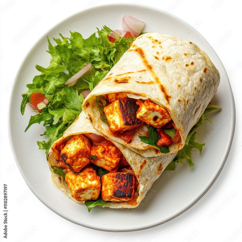 Paneer Tikka Wrap on a plate isolated on white background Paneer Tikka Wrap on a plate isolated on white background