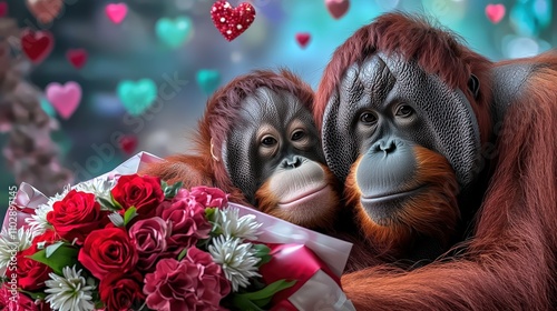 Romantic Orangutan Couple with Valentine s Roses photo