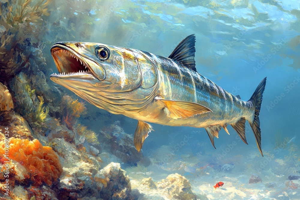 Fototapeta premium Majestic Barracuda Swims Through Coral Reef Habitat