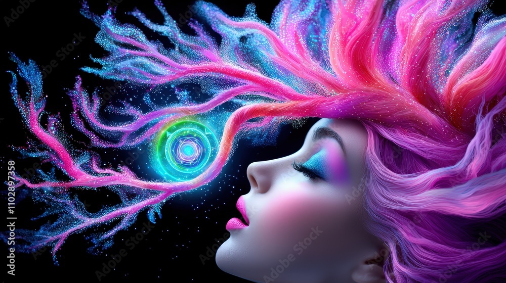 Vibrant Chakra Healing Woman with Colorful Hair and Energy Aura Vibrant Chakra Healing Woman with Colorful Hair and Energy Aura