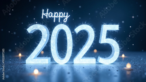 Happy New Year 2025 Glowing Numbers. Concept of celebration, holiday, and future.