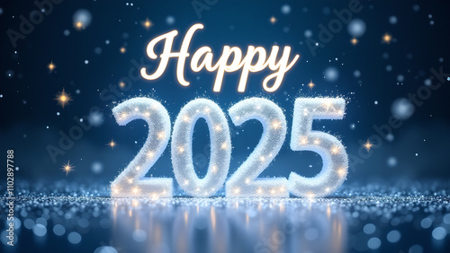 Happy New Year 2025 with snow and lights. Festive celebration concept.