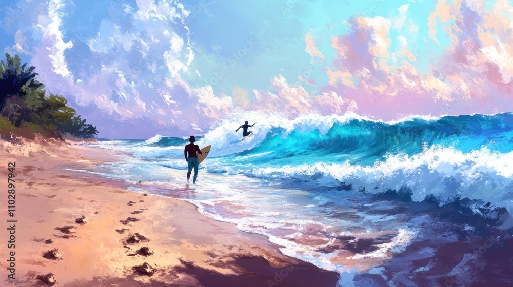Surfer riding a wave in the distance, bright and vibrant ocean colors, a sandy beach with footprints in the foreground Surfer riding a wave in the distance, bright and vibrant ocean colors, a sandy beach with footprints in the foreground