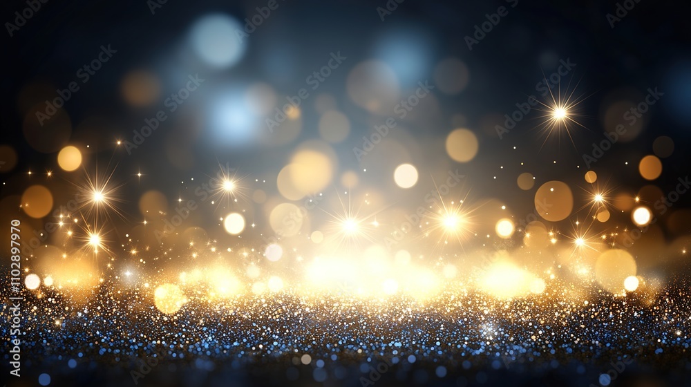 Naklejka premium Golden Sparkle Background with Shimmering Lights and Soft Bokeh Effect for Ambient and Festive Decor in Digital and Print Media