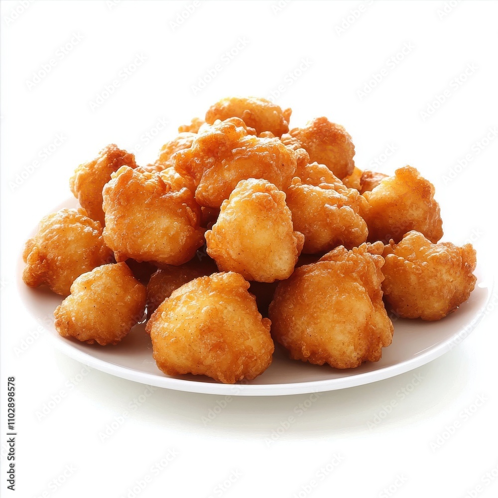Popcorn Chicken on a plate isolated on white background Popcorn Chicken on a plate isolated on white background