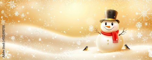 Cheerful Snowman with a Red Scarf and Top Hat in a Sparkling Winter Scene