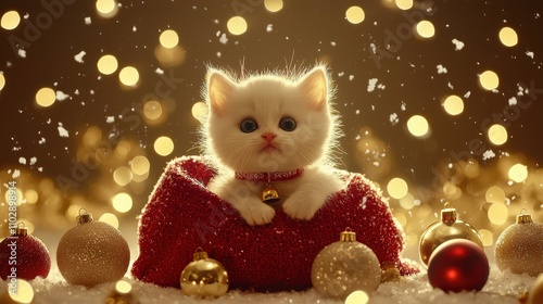 Fluffy White Kitten Resting in a Cozy Blanket with Festive Holiday Lights