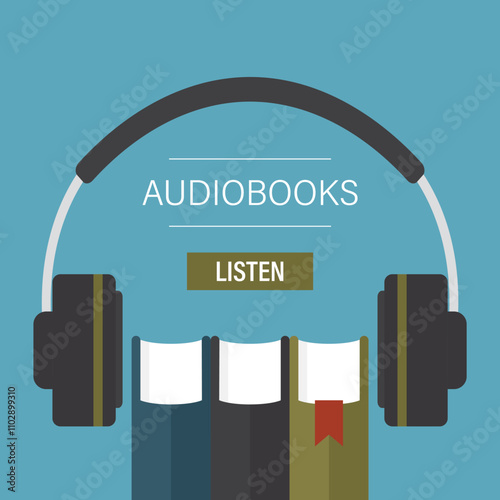 Various books and headphones. Audiobook icon or landing page, template. Audio book symbolizes the merging of literature and sound,