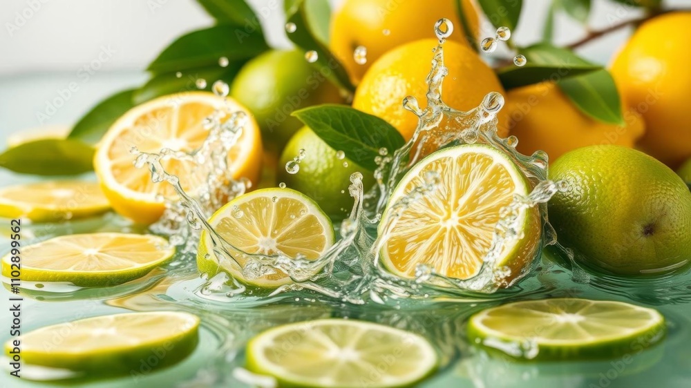 A vibrant display of lemons and limes being splashed with water, with a slice of lime in the center, limes, citrus A vibrant display of lemons and limes being splashed with water, with a slice of lime in the center, limes, citrus