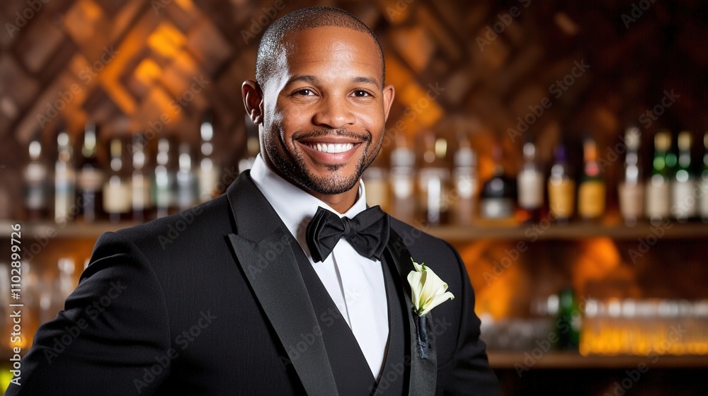 Fototapeta premium Elegant African American Man Wearing Tuxedo Smiling Confidently at Upscale Event with Bar Background and Warm Lighting for Fashion or Celebration Themes