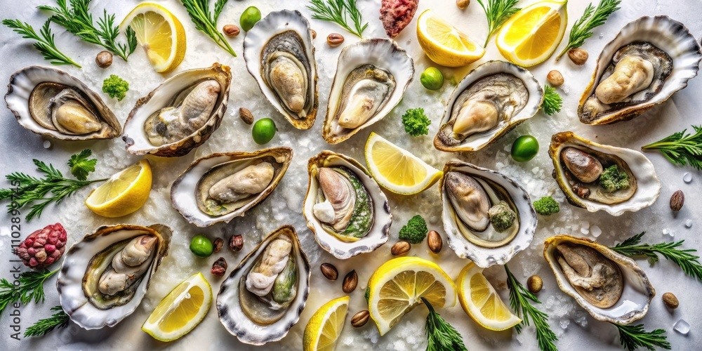 Aerial View of Fresh Oysters Isolated on White Background for Culinary and Seafood Concepts, High-Quality Images for Gourmet Cooking and Restaurant Menus Aerial View of Fresh Oysters Isolated on White Background for Culinary and Seafood Concepts, High-Quality Images for Gourmet Cooking and Restaurant Menus
