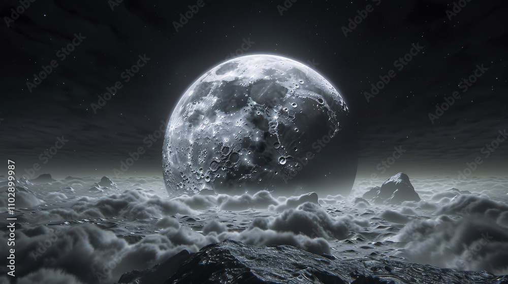 Stunning scenery of a white glowing moon with craters in a black sky with clouds at night. Stunning scenery of a white glowing moon with craters in a black sky with clouds at night.