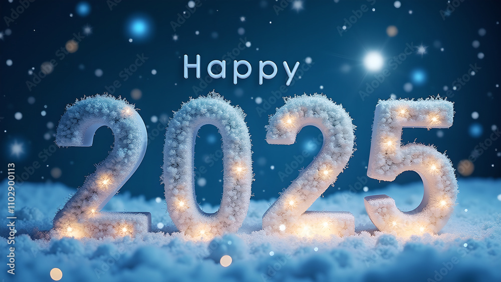 Happy New Year 2025 Snow Scene. Concept of celebration, winter, and holidays. Happy New Year 2025 Snow Scene. Concept of celebration, winter, and holidays.