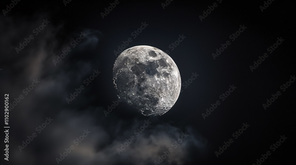 Fototapeta premium Stunning scenery of a white glowing moon with craters in a black sky with clouds at night.