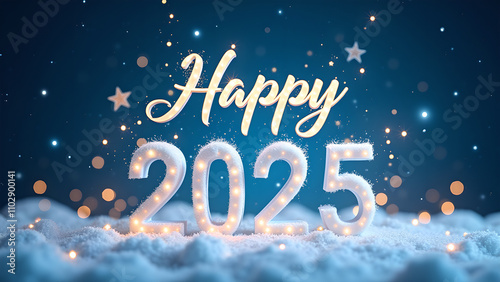 Happy 2025 New Year celebration with snow and lights. Concept of winter holidays, celebration, and new beginnings.