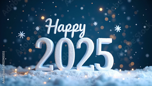 Happy 2025 New Year celebration with snow and lights. Concept of winter holidays and new beginnings.