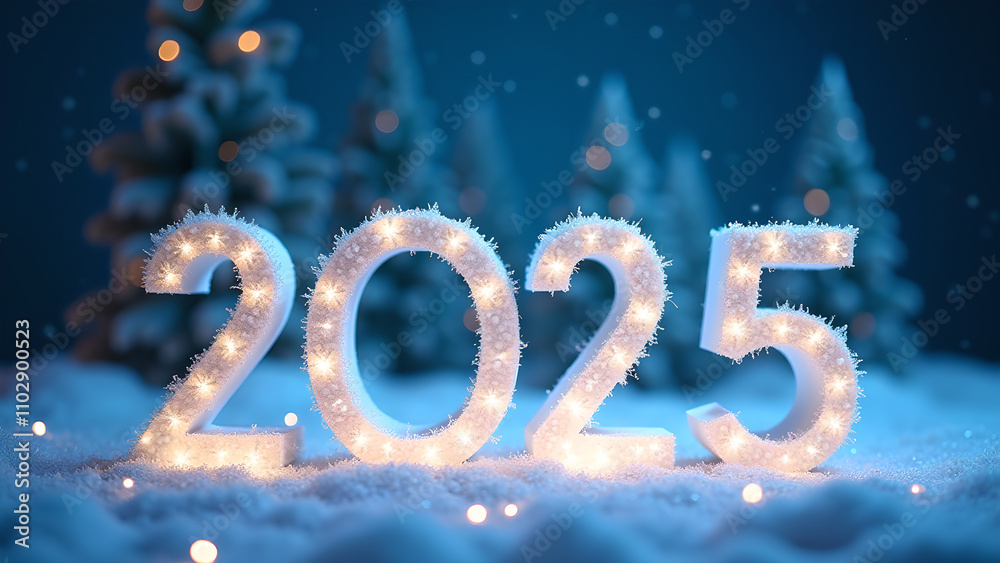 2025 New Year in Snowy Winter Scene. Concept of celebration, hope, and new beginnings. 2025 New Year in Snowy Winter Scene. Concept of celebration, hope, and new beginnings.