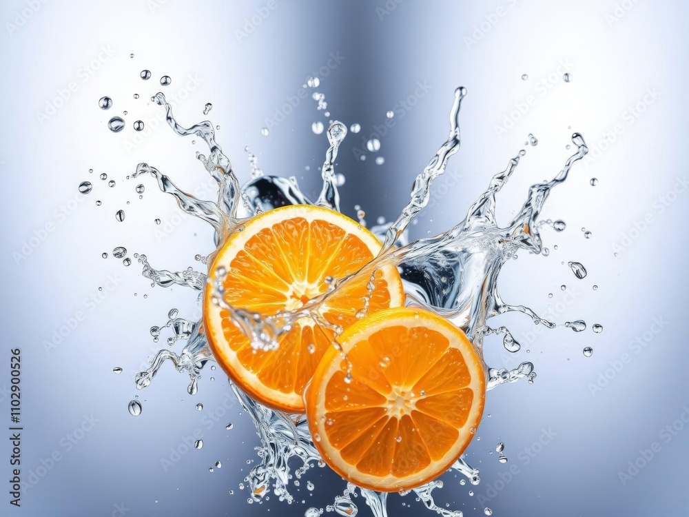 A vibrant splash of water amidst a bunch of fresh oranges, with another splash at the bottom, hydration, creative