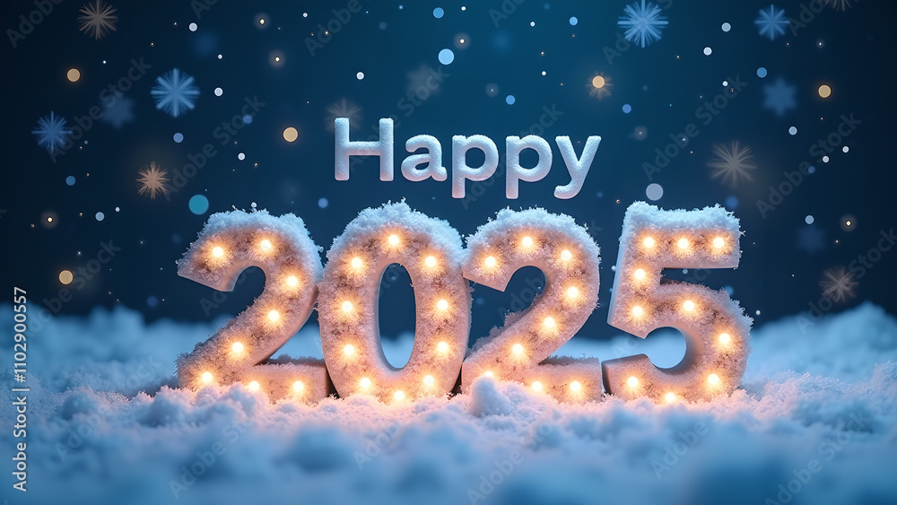 Happy New Year 2025 with snow and lights. Festive winter holiday concept. Happy New Year 2025 with snow and lights. Festive winter holiday concept.