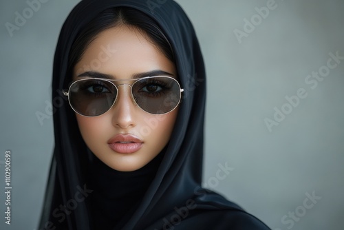 Portrait young woman aviator sunglasses dark hair black hijab neutral expression photo