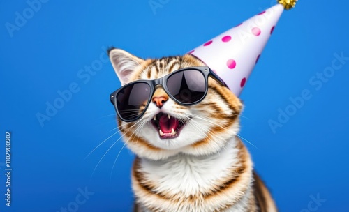 A playful cat wearing sunglasses and a party hat celebrates against a blue backdrop birthday backdrop Ultra realistic Photorealistic  photo