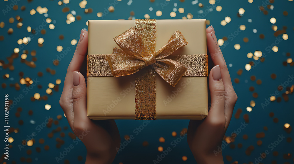 Woman hands holding elegant present gift box with golden ribbon over blue background with confetti. Christmas, New Year, Valentine's Day, Mother day, Father day greeting card. Woman hands holding elegant present gift box with golden ribbon over blue background with confetti. Christmas, New Year, Valentine's Day, Mother day, Father day greeting card.