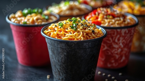 Colorful takeaway noodle cups with chopsticks ready for a cozy evening meal at home photo