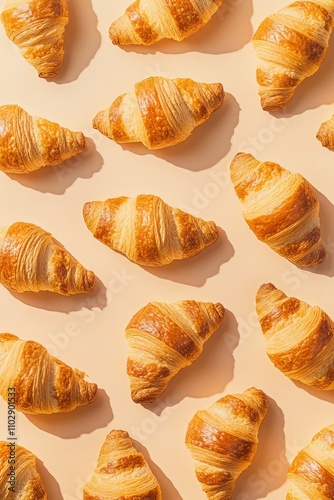 Minimalist Croissant on a Clean Background. Golden Croissants pattern.