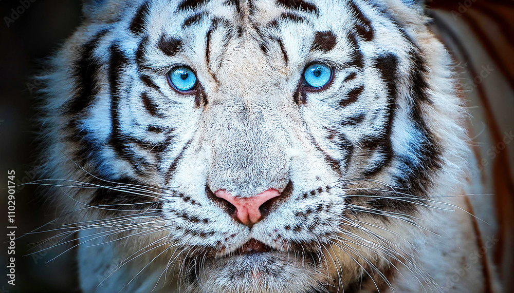 Close-up portrait of a majestic white tiger with striking blue eyes, showcasing its detailed fur pattern and fierce expression, wildlife conservation themes, educational content Close-up portrait of a majestic white tiger with striking blue eyes, showcasing its detailed fur pattern and fierce expression, wildlife conservation themes, educational content