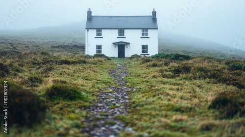 Isolated House  Misty Moorland  Rural Cottage  Dramatic Sky  Stormy Weather  Path  Grassla photo