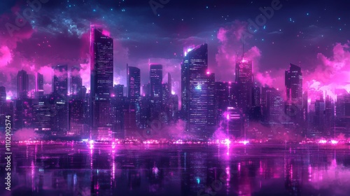 modern cyberpunk city skyline at Futuristic night illuminated by pink and purple