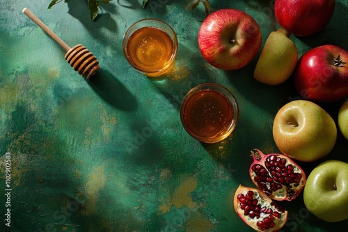 Celebrating the jewish new year: aerial shot with apples, honey, and pomegranates on a vibrant green background