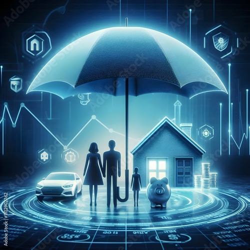 Family & Home Insurance: Umbrella Protecting Family, Car, and House. Symbolizing Security and Protection.
