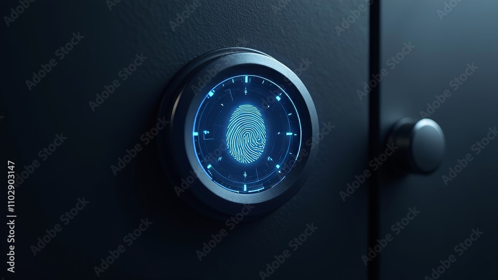 Futuristic fingerprint scanner on sleek smart lock interface, glowing blue against matte surface for modern security Futuristic fingerprint scanner on sleek smart lock interface, glowing blue against matte surface for modern security