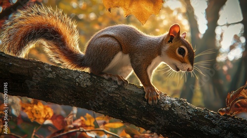 Squirrel on Tree Branch in Autumn Forest with Colorful Leaves