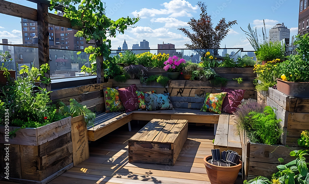 A serene rooftop garden with wooden planters and cozy cushion-filled nooks, offering a peaceful retreat with a rustic touch A serene rooftop garden with wooden planters and cozy cushion-filled nooks, offering a peaceful retreat with a rustic touch