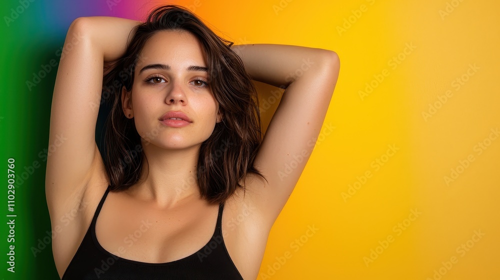 Model posing confidently studio setting portrait photography vibrant background close-up view fashion and beauty concept Model posing confidently studio setting portrait photography vibrant background close-up view fashion and beauty concept