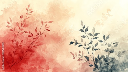 Wallpaper Mural Soft watercolor illustration featuring delicate leaves in red and blue hues. Torontodigital.ca