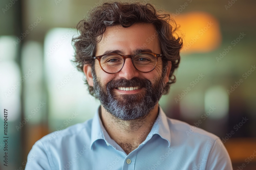 Fototapeta premium Smiling man with beard curly hair thick-rimmed glasses light blue button-up shirt office setting