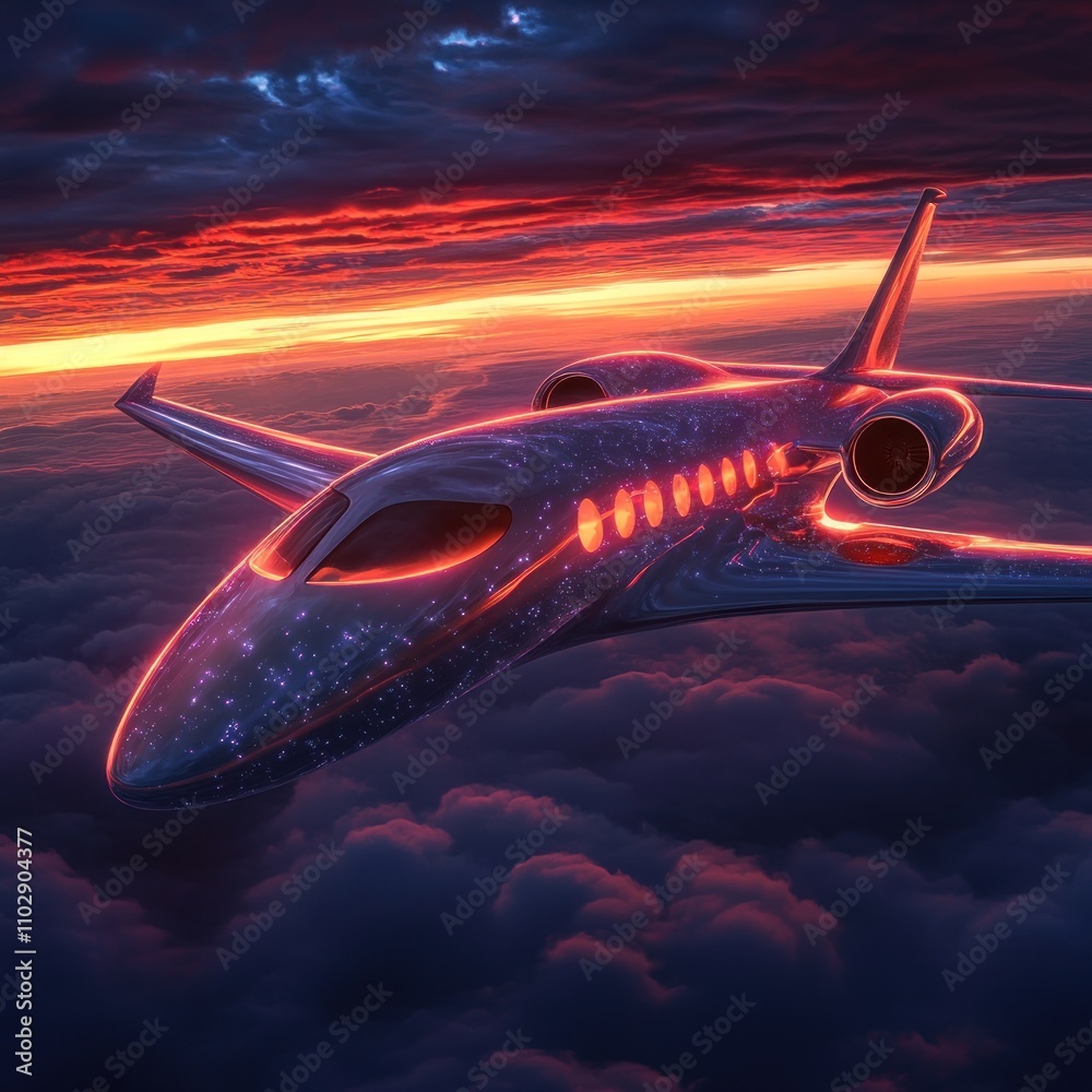 Fototapeta premium Sleek Private Jet Soaring Above Sunset Cloudscape