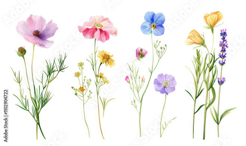 Wild flowers set, watercolor digital illustration. Perfectly for poster, card design. Mother's Day, Birthday, Valentine's day decoration