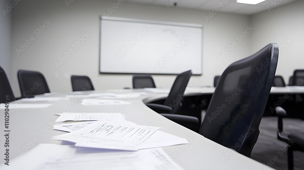 Empty meeting room with scattered budget papers and vacant chairs, symbolizing the aftermath of intense decision-making and strategic planning sessions. Empty meeting room with scattered budget papers and vacant chairs, symbolizing the aftermath of intense decision-making and strategic planning sessions.