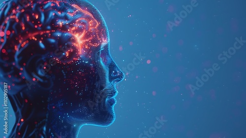 A futuristic depiction of a human head with glowing brain activity, symbolizing advanced technology and consciousness.