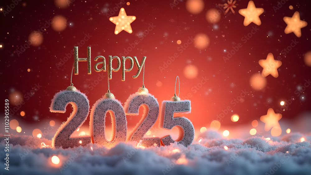 Happy New Year 2025 with candles and snow. Festive winter holiday celebration concept. Happy New Year 2025 with candles and snow. Festive winter holiday celebration concept.